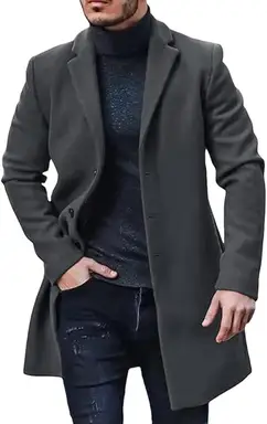 Men's Trench Coat Slim Fit Notch Lapel Single Breasted Top Coat Winter Warm Cotton Business Long Jacket Overcoat (darkgray, M)