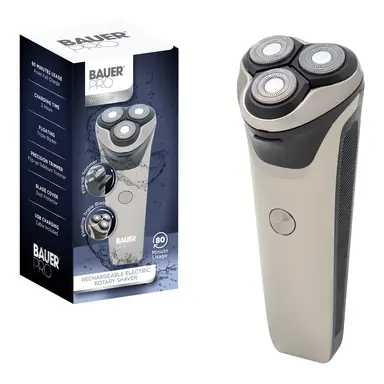 Bauer Rechargeable Wet & Dry Rotary Shaver,Triple Floating Heads, USB Rechargeable, Wet & Dry Use, Chrome