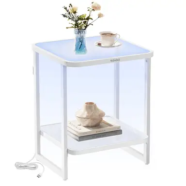 VASAGLE Side Table LED Lighting 1 Shelf Glass/White