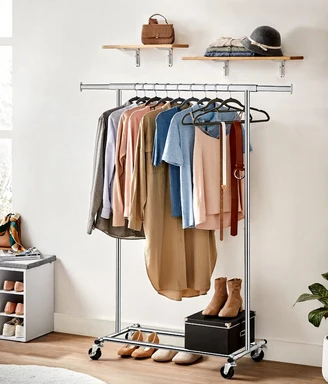 Heavy Duty Kledingrek Verrijdbare kapstok Belastbaar tot 90 kg met uittrekbare kledingroede Opklapbare bodemplank voor dozen ‎132 x 45,4 x 160 cm