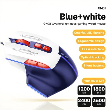 HOCO Wired Luminous Gaming Mouse - Ergonomic Design - White Blue