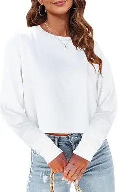 Woman Long Sleeve Cropped T Shirts Round Neck Casual Drop Shoulder Crop Tops Solid Sweater Tees (white, M)