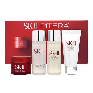 SK-II nouveau coffret 4 pièces (Nettoyant 20 g + Lotion 30 ml + Essence 30 ml + Crème rouge hydratante 15 ml)