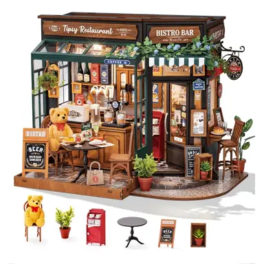 Robotime Rolife Tipsy Restaurant DIY Dollhouse Kit 23.6 x 17.8 x 18cm 1PC,Home decoration, bookshelf decoration,Craft Gifts for Adults and Teens,Educational toys
