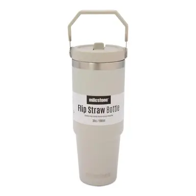 Milestone Travel Mug with Flip Straw Stainless Steel Double Walled Grey 890ml