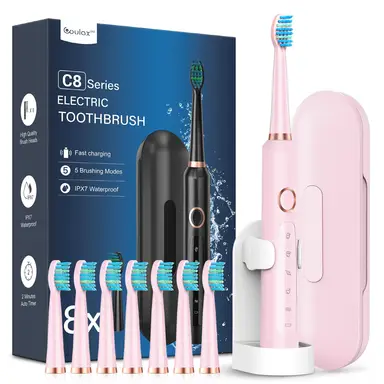 Coulax Hollow-Cup Sonic Electric Toothbrush - 40,000 VPM, 5 Modes, 120-Day Battery, 8 DuPont Brush Heads, Travel Case & Stand - Pink