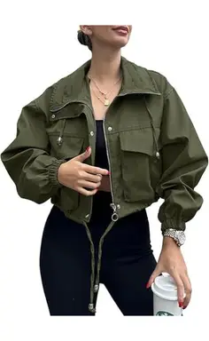 Women's Cropped Jacket Zip Up Lightweight Oversized Utility Anorak Coat with Pockets (militarygreen, M)