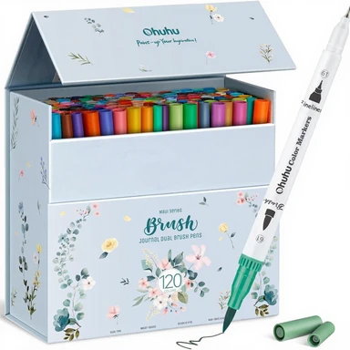 Ohuhu Maui Series Dual Tip Brush Pens - 120 Art Markers for Coloring, Drawing, and Calligraphy, Includes White Storage Case
