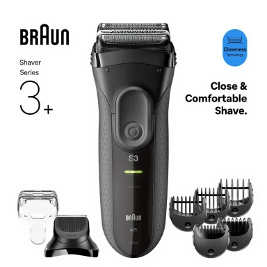 Braun Series 3+ Electric Shaver, 3 Flexible Blades, Efficiency MicroComb, Beard Trimmer Attachment, +5 Combs, Dry Razor for Men, Made in Germany, 3000BT, Grey