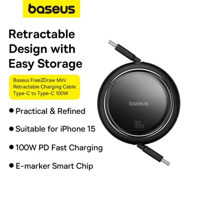 Baseus Free2Draw Mini Retractable Charging Cable Type-C to Type-C 100W 1m Cluster Black