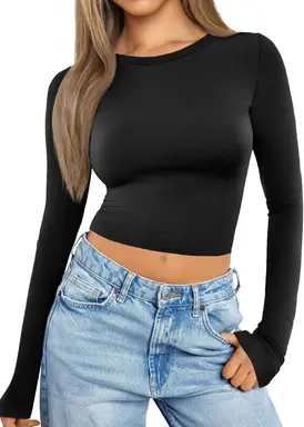 Women Crop Tops Long Sleeve Ribbed Slim Fit Workout Cropped Tee Y2K Short T-Shirts (black, M)