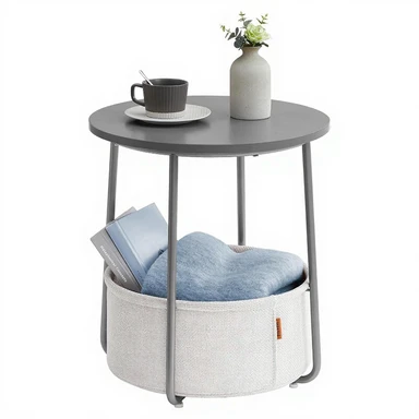 VASAGLE Ronde Side Table met Stoffen Mand Modern Stijl Woonkamer Slaapkamer Nachttafel Cementgrijs Cloudwit