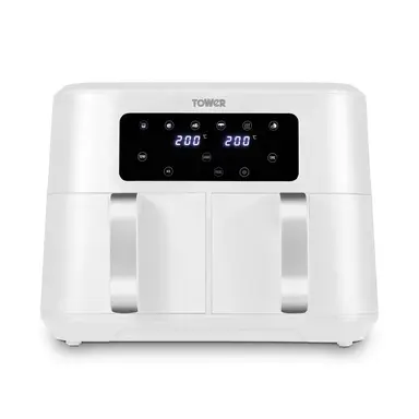 Tower T17137WHT Vortx Dual Basket Air Fryer with Two 4.25L Baskets, 2400W, White & Chrome