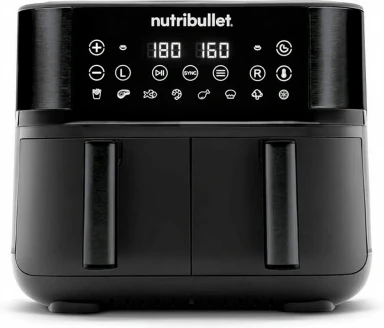 nutribullet? Twin Drayer Heißluftfritteuse, 2 Körbe mit insgesamt 8L Kapazität, 8 voreingestellte Kochmodi, digitales LED-Touchscreen, ölfrei, 2850 W, Schwarz, NBA081B