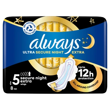 Always Ultra Sanitary Towels Secure Night Extra Size 5 With Wings 8 Pads