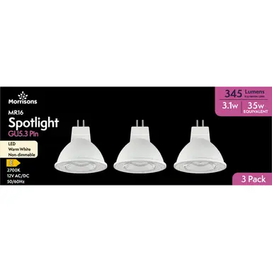 Morrisons Light Bulb LED Spotlight Pin Base GU5.3 Warm White 3.1W 345 Lumens 3pcs