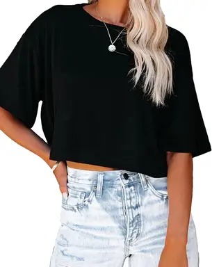Women Half Sleeve Cropped T-Shirts Drop Shoulder Round Neck Crop Tops Casual Summer Solid Color Basic Tees (Black, XL)