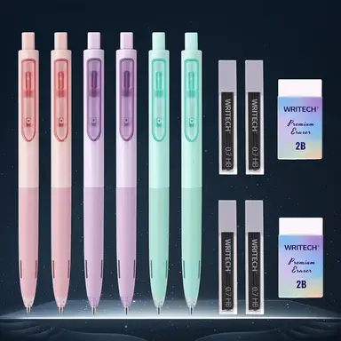 WRITECH Up Mechanical Pencil Set: 6ct Pastel Mechanical Pencils 0.7mm with 4 Tubes of HB Lead Refills and 2 Extra Erasers for Writing Drawing Sketching Drafting