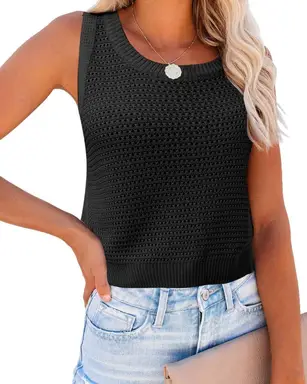 Women's Summer Knit Sweater Tank Tops Round Neck Crochet Hollow Out Sleeveless Casual Crop Shirt (Black, S)