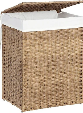 SONGMICS 90L opvouwbare wasmand met deksel & binnenbak - natuurlijke rotan opbergmand