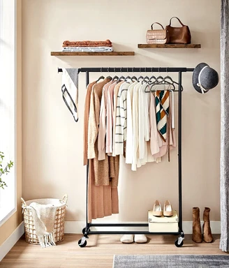 Heavy Duty Kledingrek Verrijdbare kapstok Belastbaar tot 90 kg met uittrekbare kledingroede Opklapbare bodemplank voor dozen ‎132 x 45,4 x 160 cm