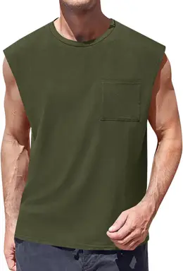 Men's Sleeveless Tank Tops Workout Cut Off Shirts Muscle Gym T Shirts with Pocket (militarygreen, M)