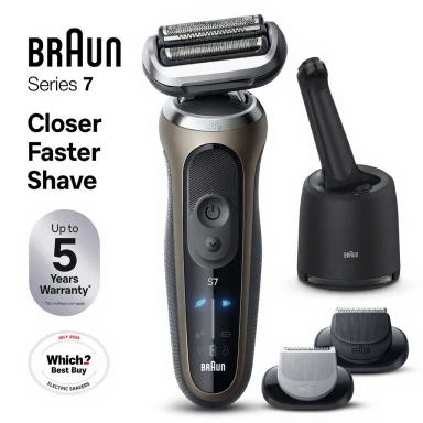 Braun Electric Shaver, Series 7, With SmartCare Center, EasyClick Attachments, 72-C7650cc, Gold