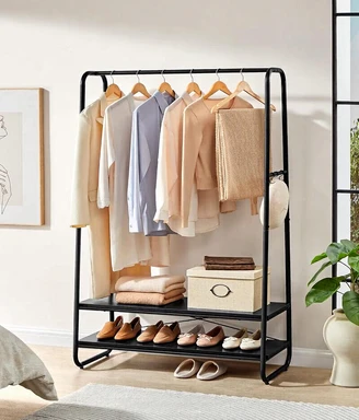 VASAGLE Hangende Planken Staande Kledingrekken Schoenrekken - 2 Tiers 6 Haken - Stalen Rek - Mat Zwart