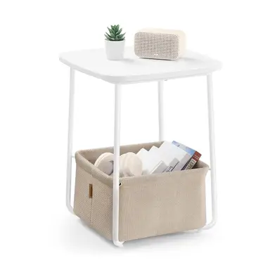VASAGLE Side Table Square with Storage Basket White/Camel
