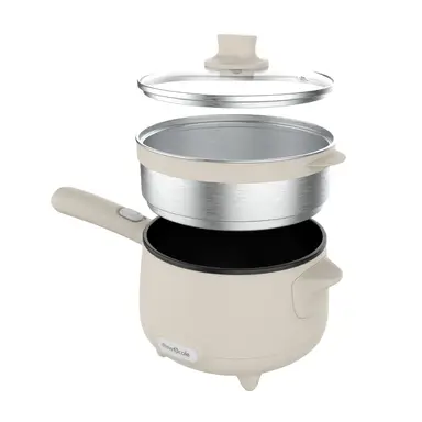 Drew&Cole Cleverpot Cooking Pot - Cream, 1.2L, 600W, Compact, Portable, Serves Up to 3 People, With Glass Lid & Steam Basket