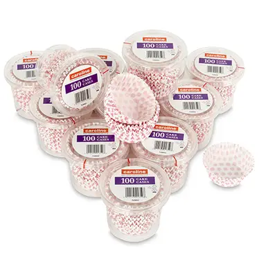 Caroline Pink Spot Cup Cake Case 45mm base x 24mm deep, pack of 100