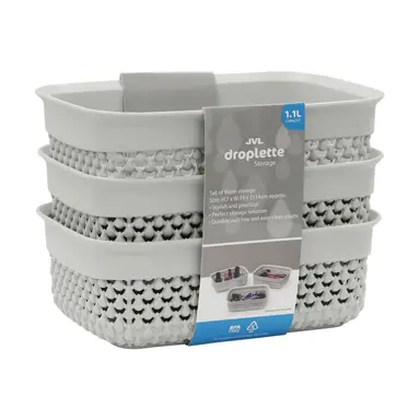 JVL Droplette Design Rectangular Plastic Storage Baskets - Set of 3, Ice Grey