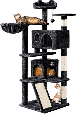 Yaheetech Kratzbaum 145 cm Kletterbaum mit 2 Katzenhöhlen, 3 Aussichtsplattformen, Kratzsäule, Spiel-Sisal, Katzenmöbel, Schwarz