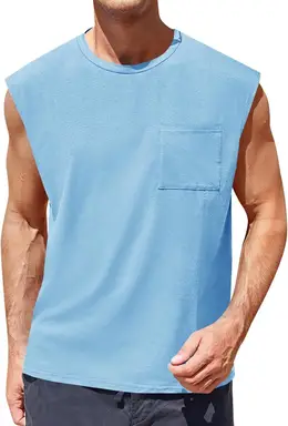 Men's Sleeveless Tank Tops Workout Cut Off Shirts Muscle Gym T Shirts with Pocket (blue, M)