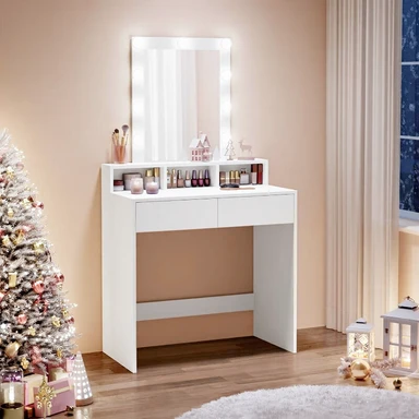 VASAGLE Coiffeuse Moderne avec Miroir & Lumières, 2 Tiroirs & 3 Compartiments Ouverts, Blanc