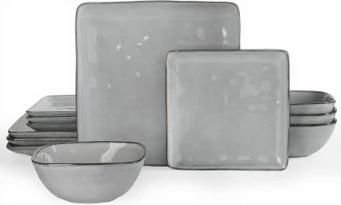Richmount Ozean Serie Geschirrset - 12-teiliges quadratisches Keramikset für 4 Personen - Enthält Essteller/Salatteller/Müslischalen - Spülmaschinen- und Mikrowellengeeignet - Grau