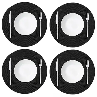 White Label  Placemats Woven Round Black 4pcs