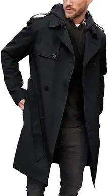 Men's Trench Coat Slim Fit Double Breasted Long Jacket Notched Lapel Belt Fall Windproof Coat (black, XXL)