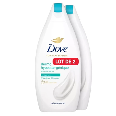 Dove Crème de douche hypoallergénique sans parfum - Lot de 2 x 400 ml