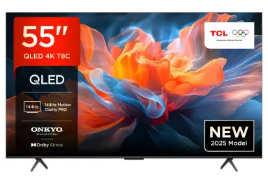 TCL 55T8C 55” QLED 4K Ultra HD, HDR PRO TV, Smart TV Powered by Google TV (Dolby Vision & Atmos, 144Hz Motion Clarity Pro, Voice Control, compatible with Google Assistant, Google Cast)