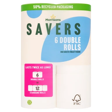 Morrisons Savers Toilet Tissue, 2-Ply, 6 Double Rolls