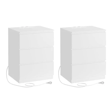 VASAGLE LET831W14 Set van 2 nachtkastjes, bijzettafels, 3 lades, afgeschuinde rand, 2 stopcontacten, 2 VS-stekkers