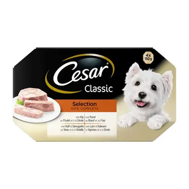 Cesar Nourriture pour chien au poulet et dinde, bœuf et foie, veau et volaille, agneau et dinde - 4 x 150 g