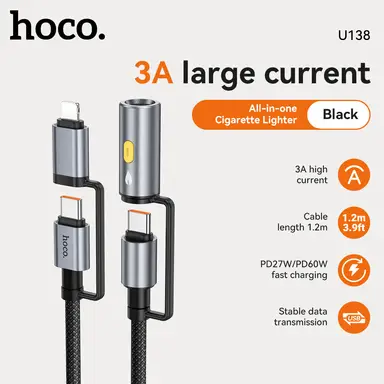 HOCO U138 All-in-one Cable - USB-C/ Lightning to USB-C with Cigarette Lighter - Black