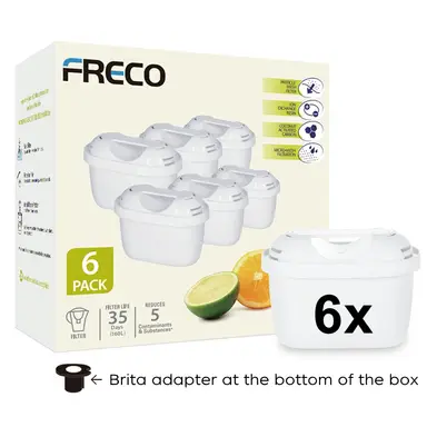 Freco by Bluetech Wasserfilterkartusche 6 Stück kompatibel mit allen BRITA Wasserfilterkannen 160 L Filterkapazität (Angaben befinden sich auf der Unterseite der Verpackung)