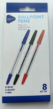 Lot de 8 stylos à bille - Bleu, noir et rouge