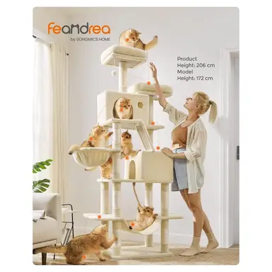 FEANDREA Großer Kratzbaum mit 13 Pfosten 2 Plattformen 2 Höhlen Hängematte Mehrstöckig Beige 206cm