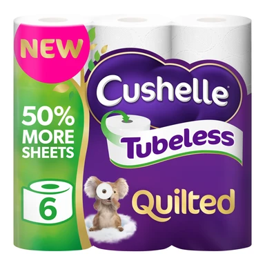 Cushelle Quilted Tubeless Toilet Tissue, 3-Ply, 6 Rolls, 50% More Sheets