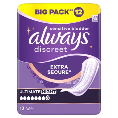 Always Discreet Incontinence Pads Women Ultimate Night 12 Pads