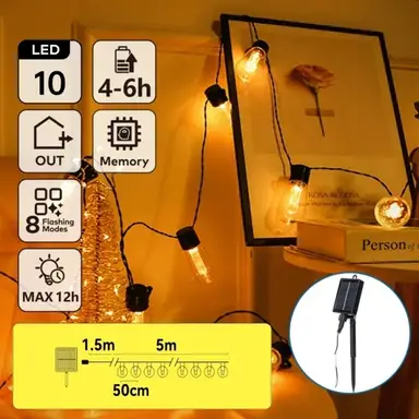 Aigostar lichtsnoer, op zonne-energie, S-vormige bellenkolomlampjes, lineair warm wit licht, 1,5 m + 5 m + 5 m, 10 LED's, 50 cm afstand, IP65